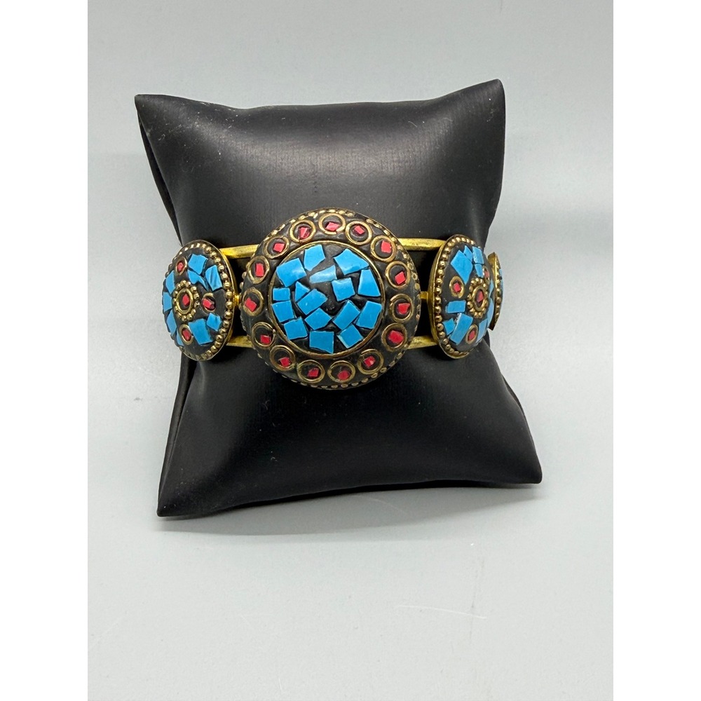 Tibetan Style Cuff Bracelet Blue Red Brass Tone Metal Mosaic Medallions Inlay